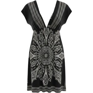 Varga Womens Black White Paisley Mandala Deep V Neck Empire Waist Mini Dress M